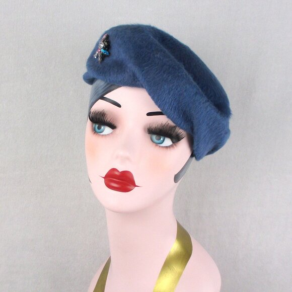 Blue Dragonfly Pillbox Hat Vintage 1950s Fur Felt Rhinestone Crystals - Picture 2 of 6